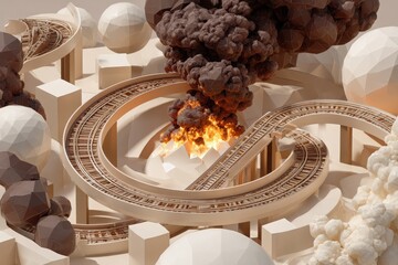 VR simulation of AI failure vs success feedback loops, burnt umber and soft ivory, educational illustration 