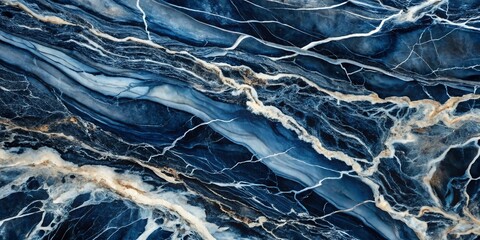 Abstract dark blue marble texture with white and gold veins