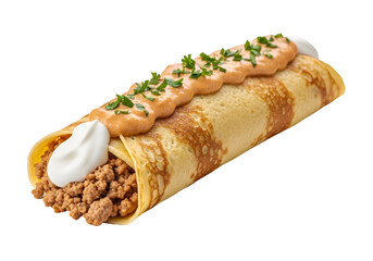 A savory crepe filled with seasoned ground meat, topped with creamy sauce and fresh herbs, presented against a striking black background.