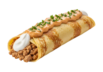 A savory crepe filled with seasoned ground meat, topped with creamy sauce and fresh herbs, presented against a striking black background.