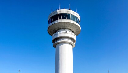 A bright, clear-sky day highlighting an airport control tower's intricate design and architectural presence. Its cylindrical base supports the observation deck