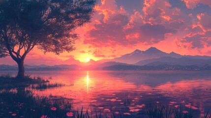 Serene sunset over a lake with mountains and trees. Concept of nature and tranquility.