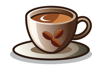 Artistic depiction shows an illustrated cup of coffee decorated with coffee beans on white