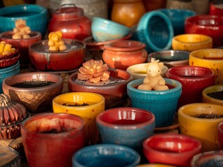 Colorful ceramic pots and vases displayed together