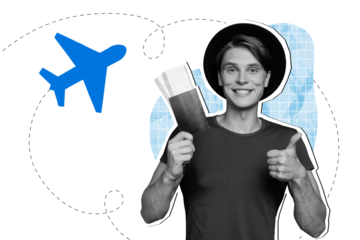 Creative drawing collage picture of young man hold tickers boarding pass thumb up traveler freak bizarre unusual fantasy billboard