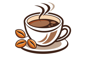 Steaming coffee in a white cup rests on a saucer with brown beans