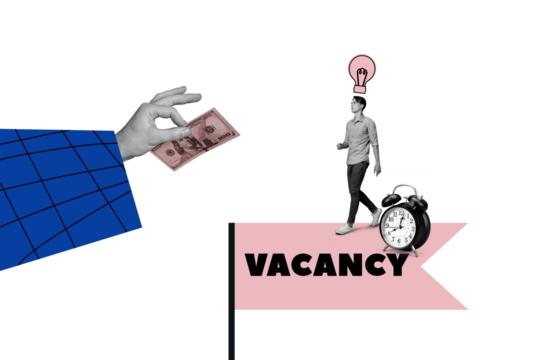 Creative photo collage picture young man trader hand body fragment earnings banknote cash deadline clock arrangement vacancy hiring job