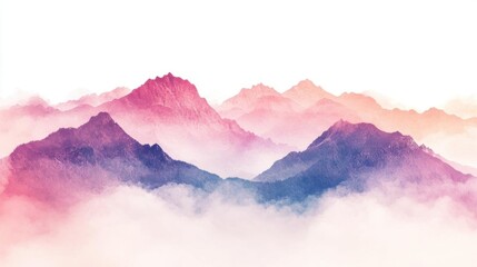 Abstract watercolor mountains in pink and purple hues with clouds.