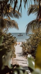 Tropical beach view framed by palm trees and lush greenery.