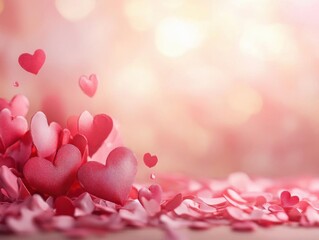Colorful heart shapes on a soft pink background. Concept of love and romance.