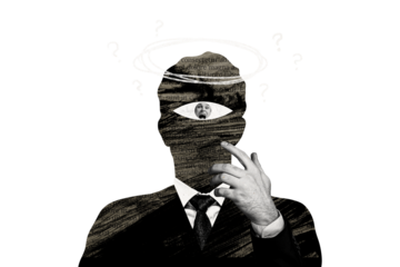 Composite photo collage of questioned creature cyclops inside eyeball scream young guy thought dilemma isolated on painted background