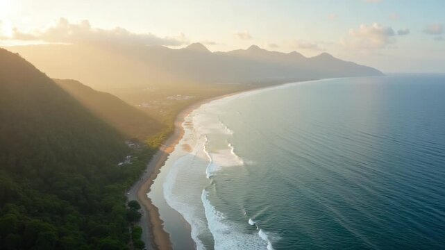 Coastline with quiet ocean, mountains and evening sunlight at North Bali, drone view