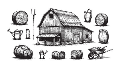 Barn and Farm Elements Engraving Set Vintage Sketch of Hay Bales, Watering Can, Fork, and Wheelbarrow   © trianatio