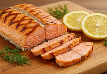 Sliced Grilled Salmon with Lemon on Studio Black Background 