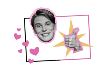 Composite photo collage of happy man head pink heart blogging like thumb up approval love feelings sympathy isolated on painted background