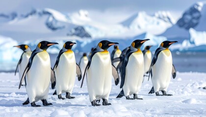 Fototapeta premium Majestic Penguin Colony in Antarctica A Group of King Penguins on Snow and Ice