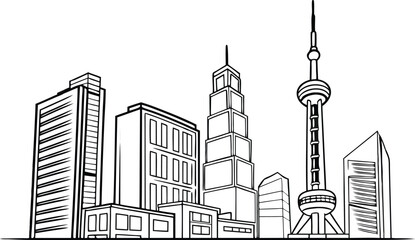 Fototapeta premium Stunning Shanghai skyline illustration, dynamic cityscape graphic, modern architectural design, perfect for travel blogs, architectural firms, and city guides