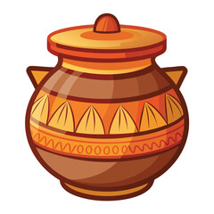 Detailed illustration shows traditional brown cookware vessel with beautiful geometric design elements and lid