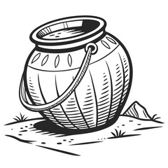 Monochrome pot drawing with a rope handle sits on the ground near grass