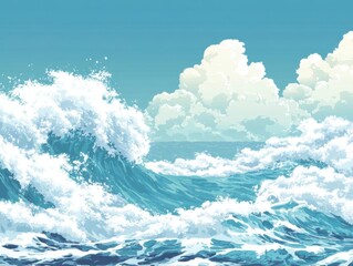 Vibrant ocean waves with clouds in a clear blue sky. Concept of nature and tranquility.