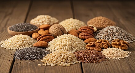 Variety of Seeds and Nuts Healthy Eating Lifestyle on Wood Table