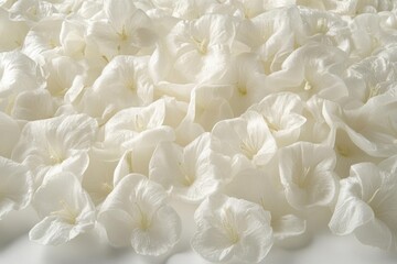 Close up of white flower petals scattered on a surface. Concept of beauty and nature.