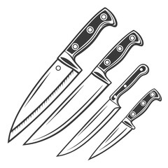 A set of four knives illustrated with dark handles and sharp blades