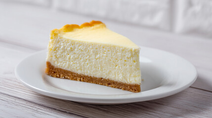 白く木目調のテーブルに置かれた白いお皿に盛り付けられた焼きたてのシンプルなニューヨークチーズケーキ