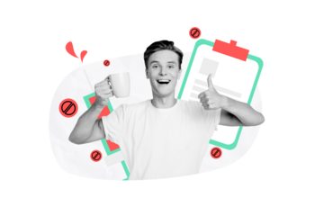 Composite photo collage of happy guy show thumb up hold cup medicine beverage covid 19 prevention pills isolated on painted background