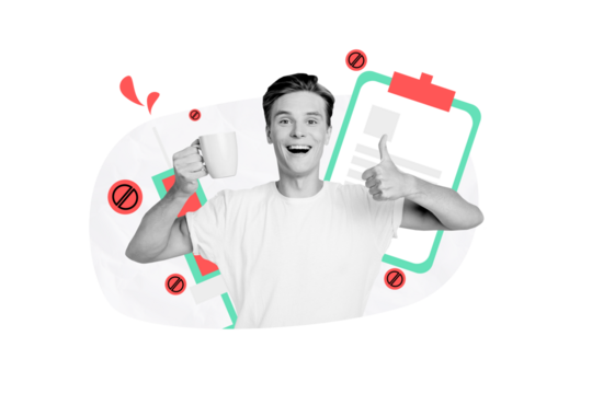 Composite photo collage of happy guy show thumb up hold cup medicine beverage covid 19 prevention pills isolated on painted background