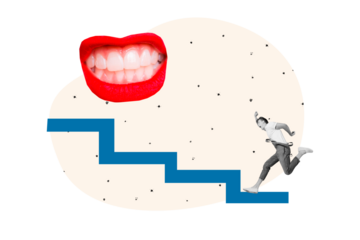 Composite trend artwork 3D sketch photo collage of miniature young man run fast moving ladder stairs career promotion huge woman lips boss