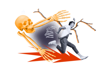 Composite trend collage of halloween autumn season spooky creepy poster mystery midnight young man suffer skull skeleton head hand bone