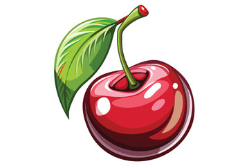 Single vibrant cherry showcases deep red hues with a verdant leaf attached