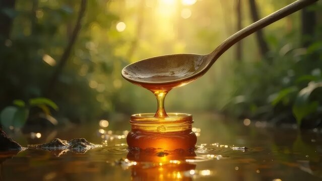 蜂蜜滴る黄金スプーンと小さな瓶が緑豊かな森で輝く