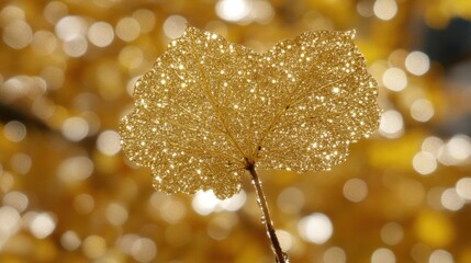 Close up of a golden leaf with bokeh background. Concept of nature and beauty.