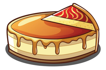Caramel glaze runs down the sides of a cartoon cheesecake with strawberry topping