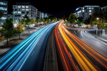 City Street with Light Trails at Night