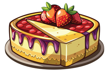 Fresh strawberries adorn a sliced cheesecake with dripping glaze and red berries on the top