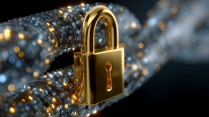 The image shows a golden padlock securely fastened onto a glowing digital chain, symbolizing cybersecurity and data protection. The chain is made up of binary code patterns, illuminated with bright bl