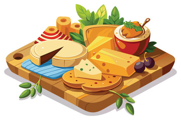 Various cheeses crackers olives and marmalade are artfully displayed upon a wooden board