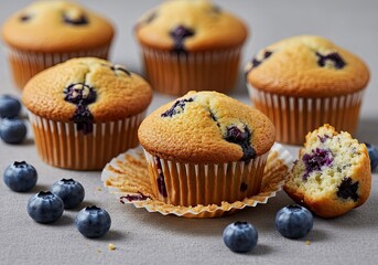 Soft Blueberry Muffins on Soft Textured Gray Background 