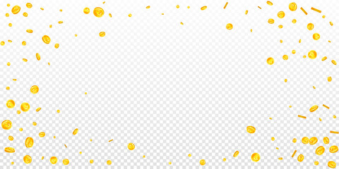 Russian ruble coins falling. Scattered gold RUB