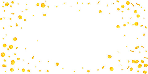 Japanese yen coins falling. Scattered gold JPY