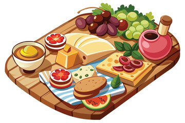 Appetizing assortment of cheese, grapes, dips, bread, watermelon, and fruit served beautifully on a wooden board