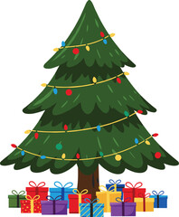 Art & IllustrationDecorated Christmas tree with colorful lights and wrapped gift boxes, festive holiday celebration, winter season, Christmas background illustration