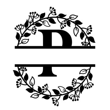 Floral monogram design featuring the letter P in a circular wreath.