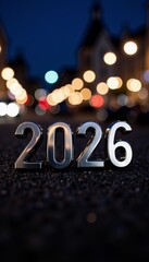 Glowing metallic numbers '2026' artfully positioned on a blurred city street at night surrounded by twinkling bokeh lights symbolizing the future and urban life