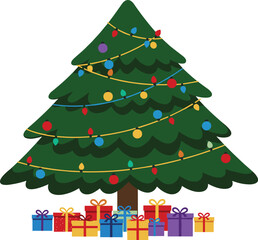 Art & IllustrationDecorated Christmas tree with colorful lights and wrapped gift boxes, festive holiday celebration, winter season, Christmas background illustration