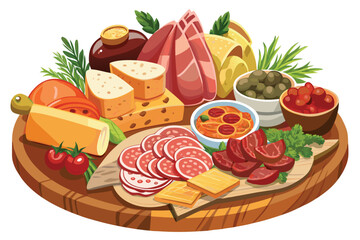 Various charcuterie assortments like cured meats, cheeses, and toppings are beautifully displayed on wooden tray