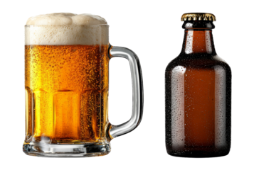 Glass Mug of Golden Beer with Foam Next to Brown Bottle on Clear Background